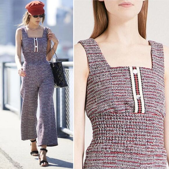 Maje Patelle Maroon Tweed Jacquard Jumpsuit, Red/Blue/Purple, Size Large/ Sz 3